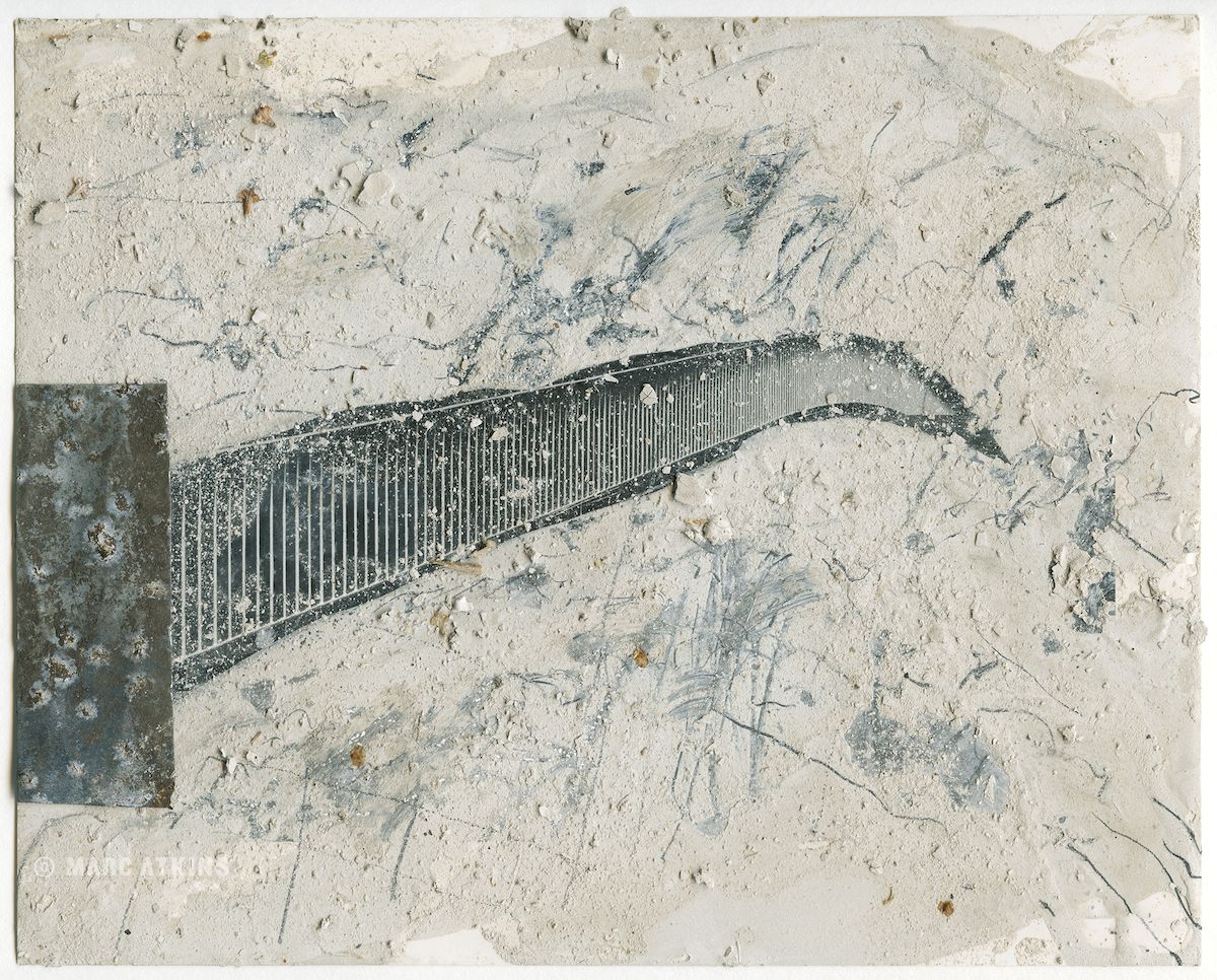 Pale textured composition with a dark bridge-like form across the lower half