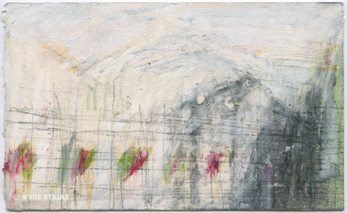 Pale abstract landscape with grey forms and small red and green marks