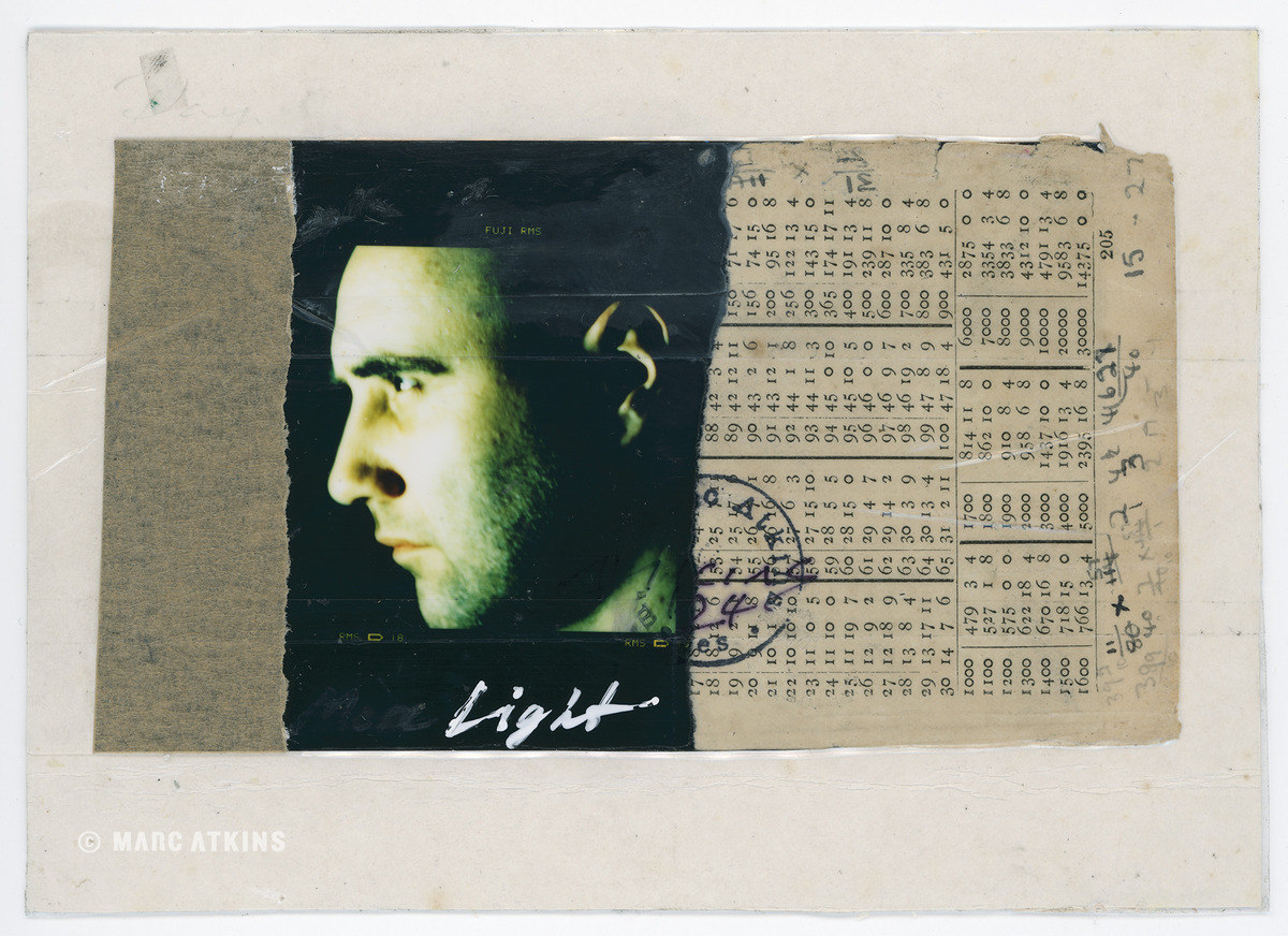 Green-tinted profile portrait mounted beside printed text