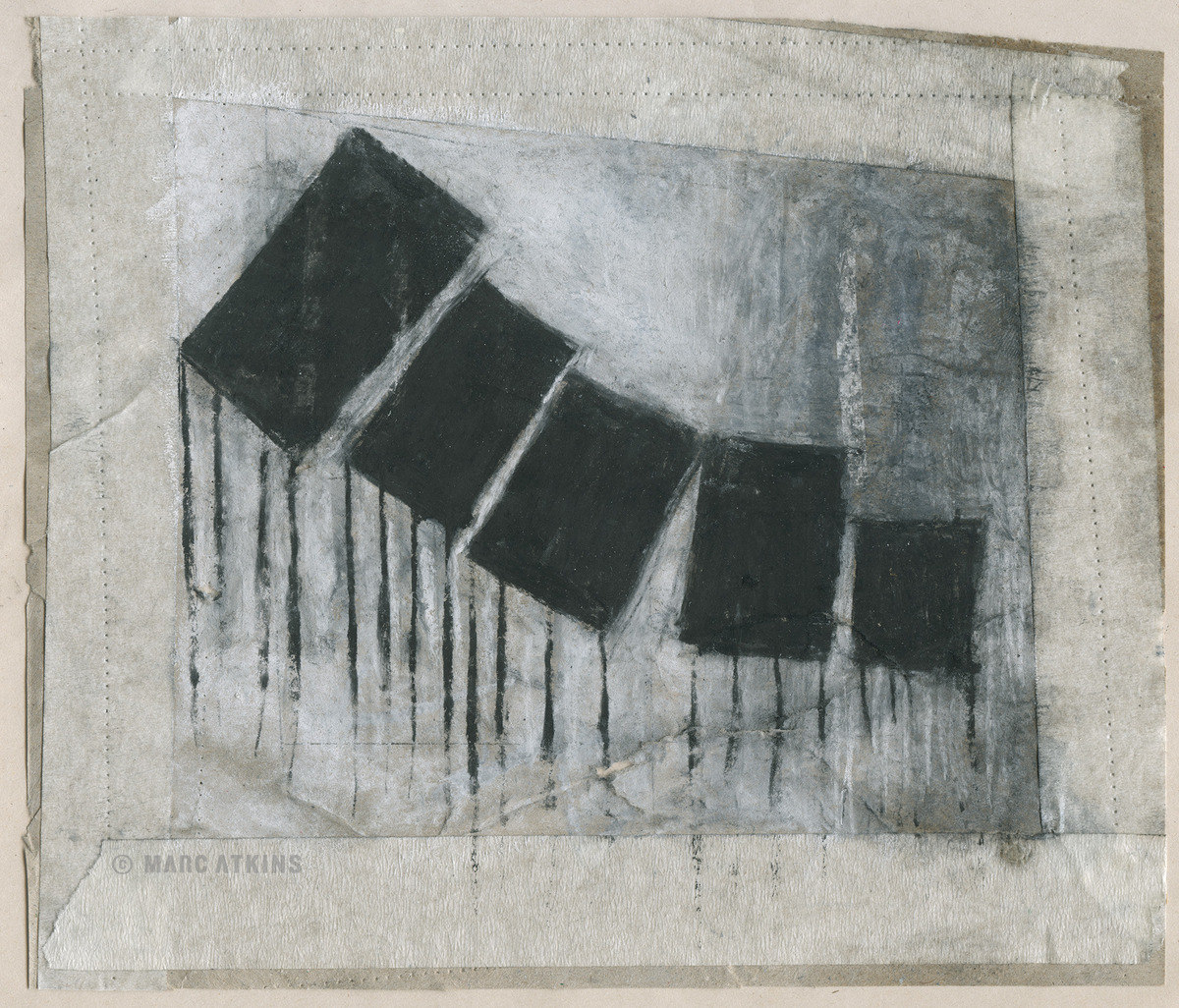 Four dark box-like forms with black streaks running down a pale background