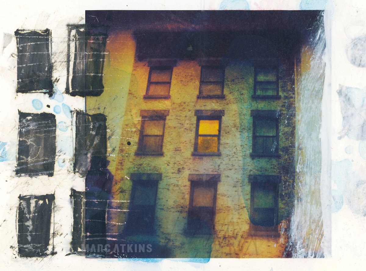 Marc Atkins, Fadelands / Untold Windows, 2025: layered building windows with overlapping colours